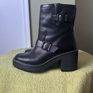 NWOT DKNY Black Leather Combat Heeled Boots with Buckle Detail